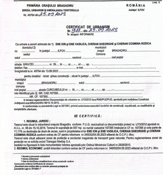 Teren de vanzare strada Curcubeului-Bragadiru Central