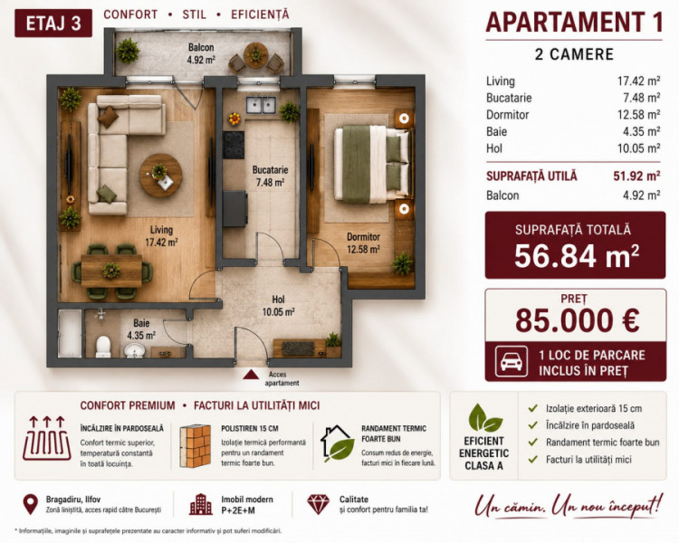 Apartament 2 camere/Bragadiru-Cristalului