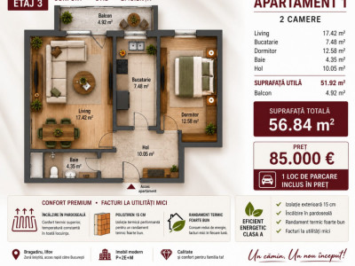 Apartament 2 camere/Bragadiru-Cristalului